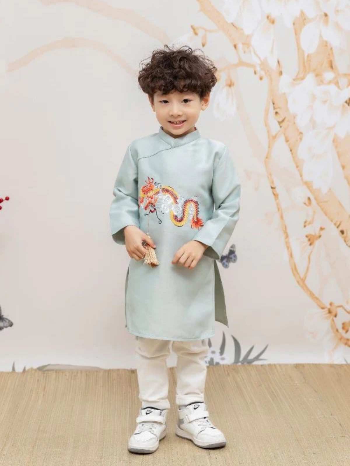 Kids Ao Dai Boy Light Blue Dragon Ao Dai Top Only aodaistyle